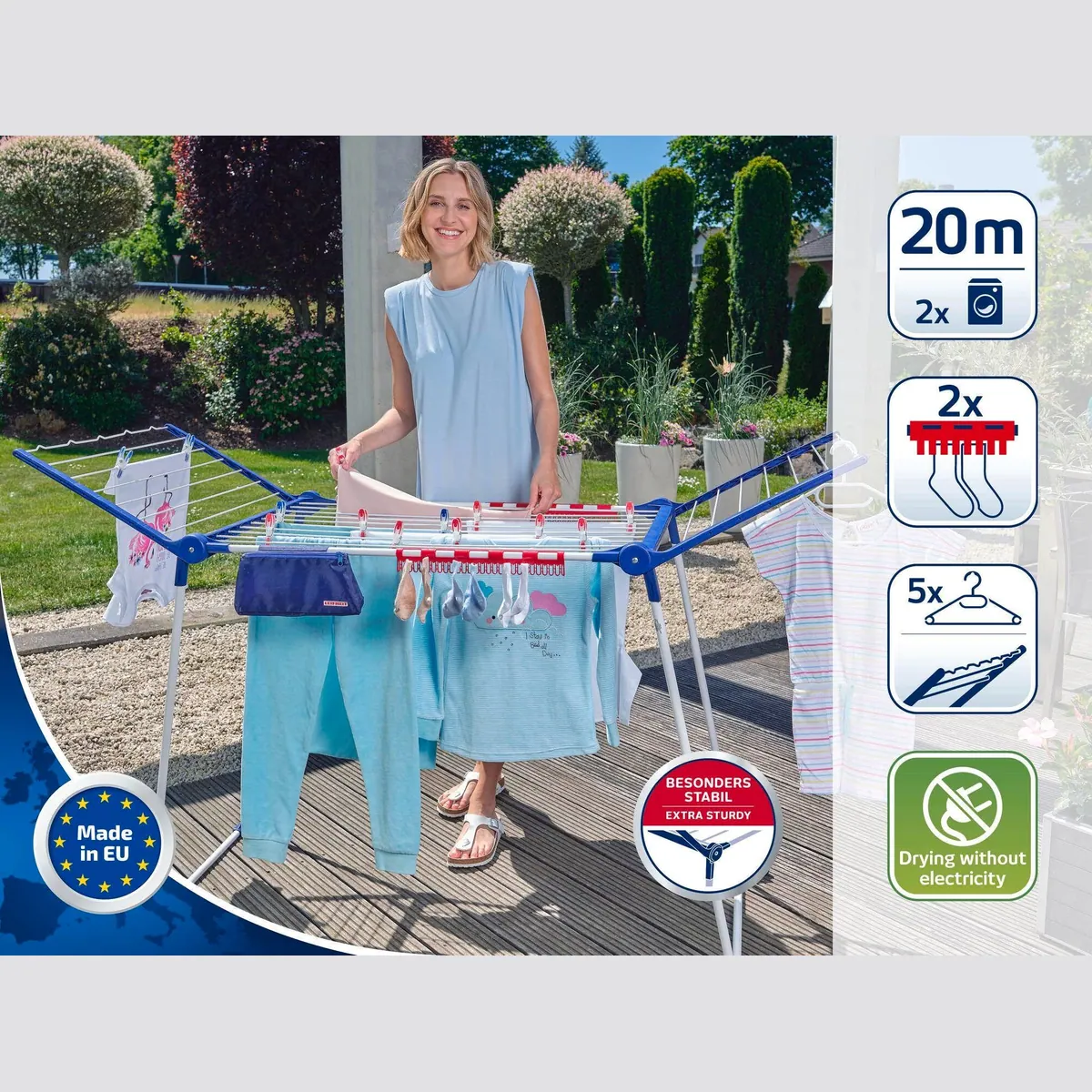 Leifheit Pegasus 200 Solid Comfort, 20m Trockenlänge, 107cm Flügelhöhe, inkl. Kleinteilehalter 2