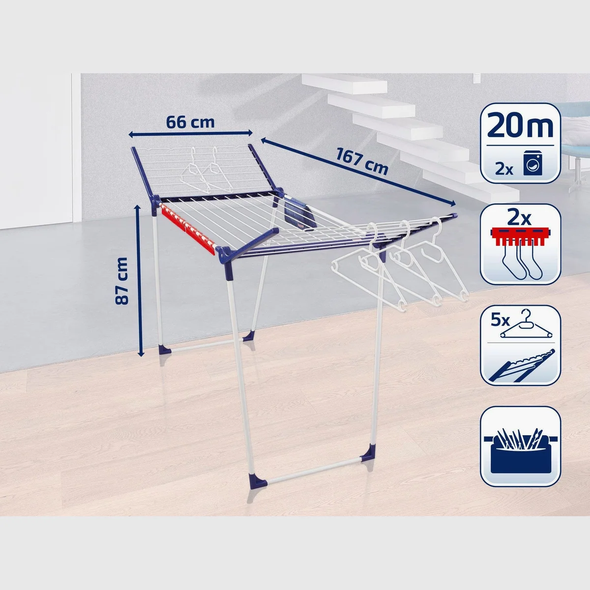 Leifheit Pegasus 200 Solid Comfort, 20m Trockenlänge, 107cm Flügelhöhe, inkl. Kleinteilehalter 5