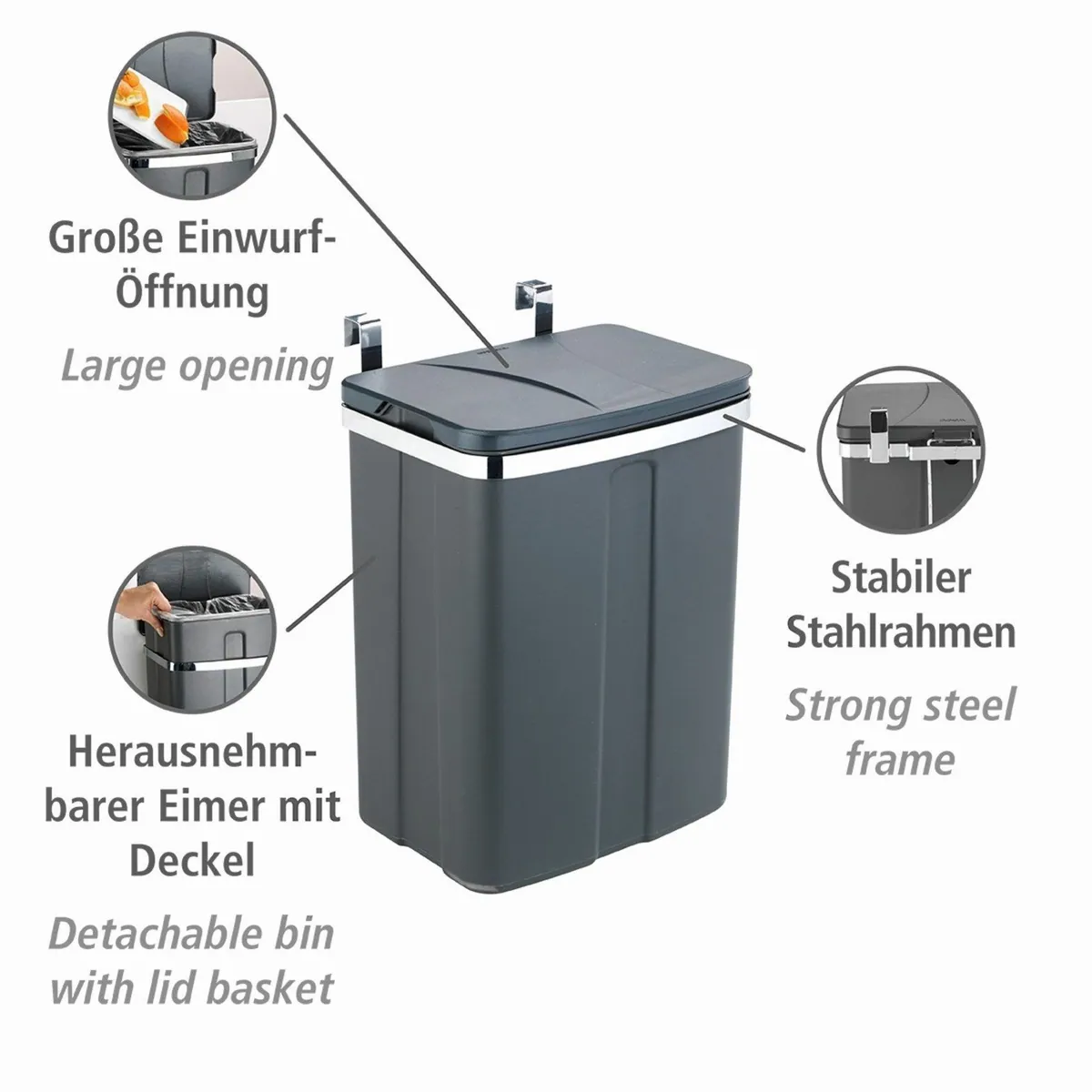 WENKO Tür-Abfalleimer, 12 L, platzsparend, einfach zu montieren, vielseitig einsetzbar 2