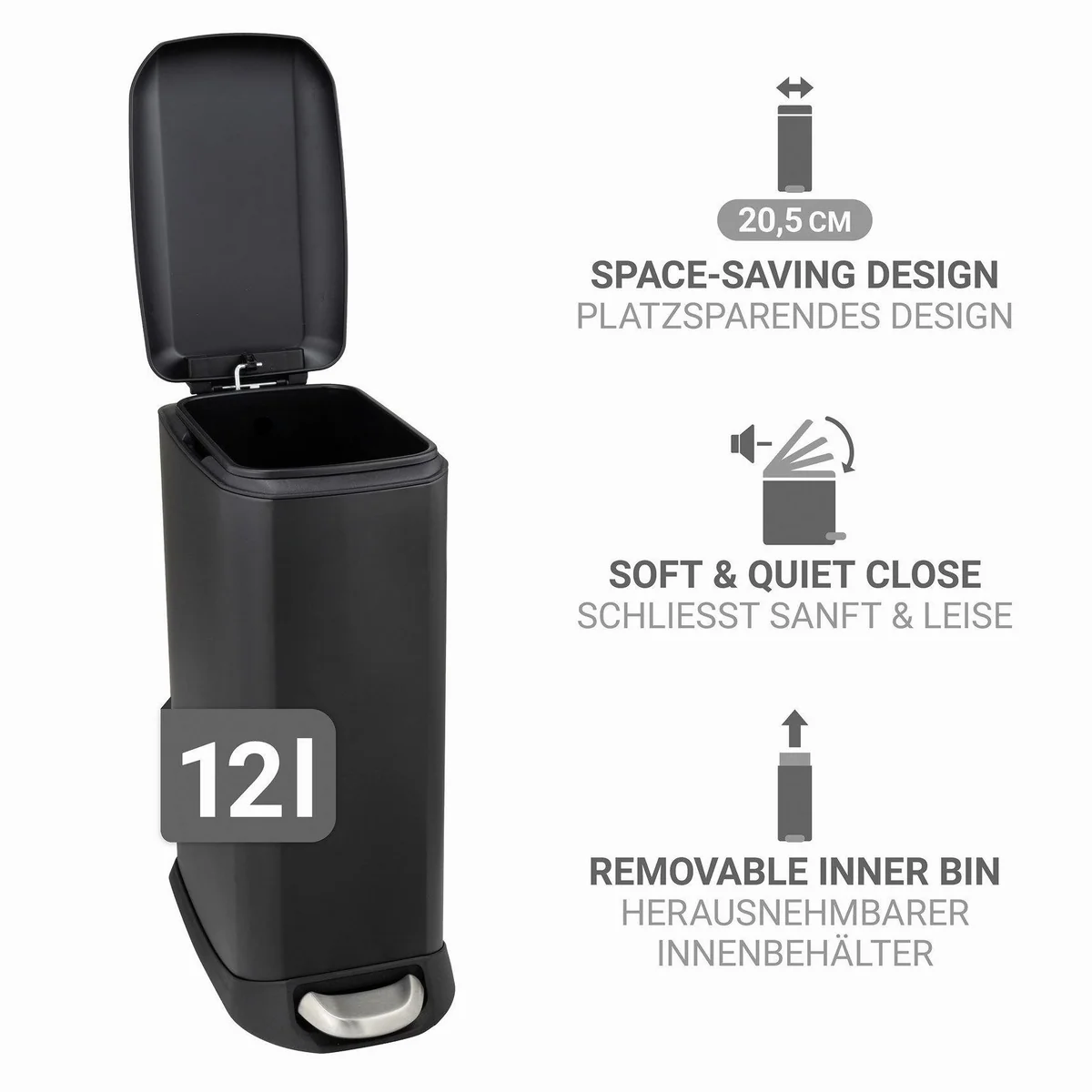 WENKO Mülleimer Design Easy Close, Absenkautomatik, herausnehmbarer Einsatz, hygienisch und praktisch 3