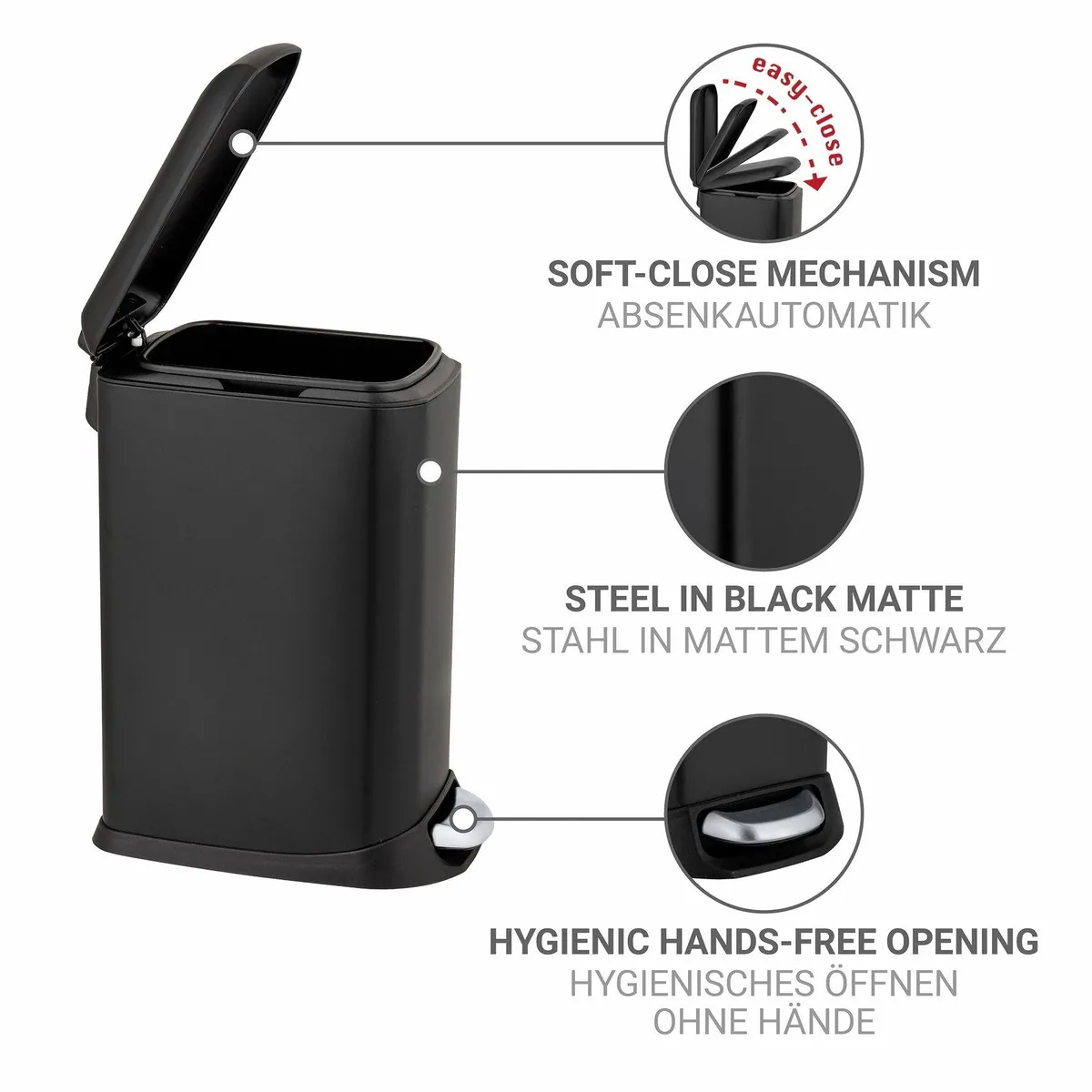WENKO Mülleimer Design Easy Close, Absenkautomatik, herausnehmbarer Einsatz, hygienisch und praktisch 4